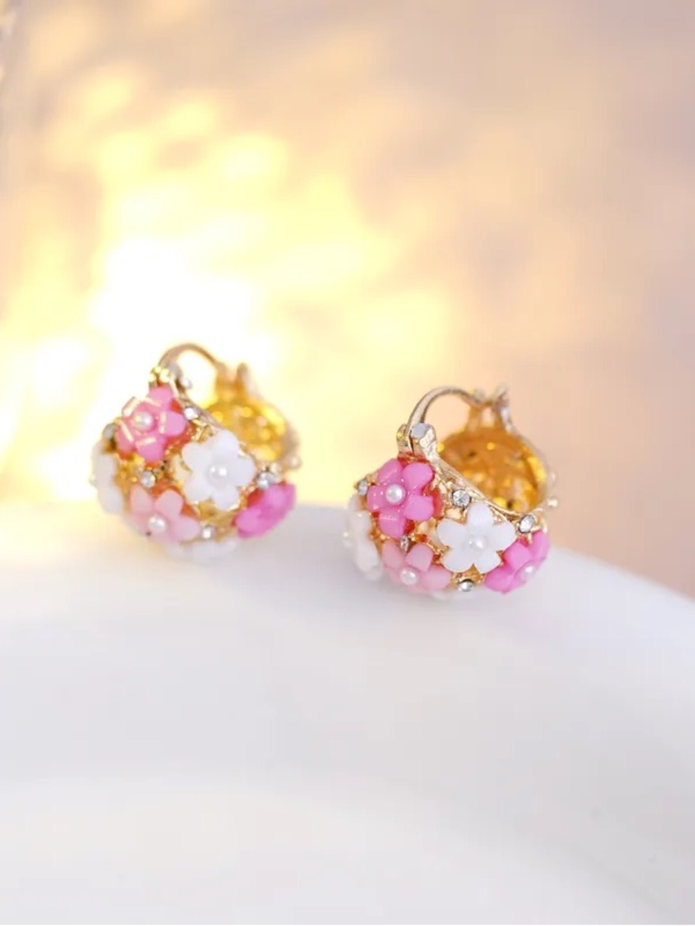 Gold Hoop Earrings with Pink and White Flower Accents
